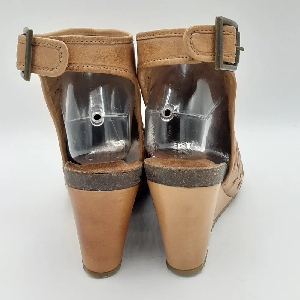 Diba True Leather Boho Tan Perforated Wedge Sandals.